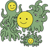 Several green tentacled creatures, each wearing a smiling yellow mask